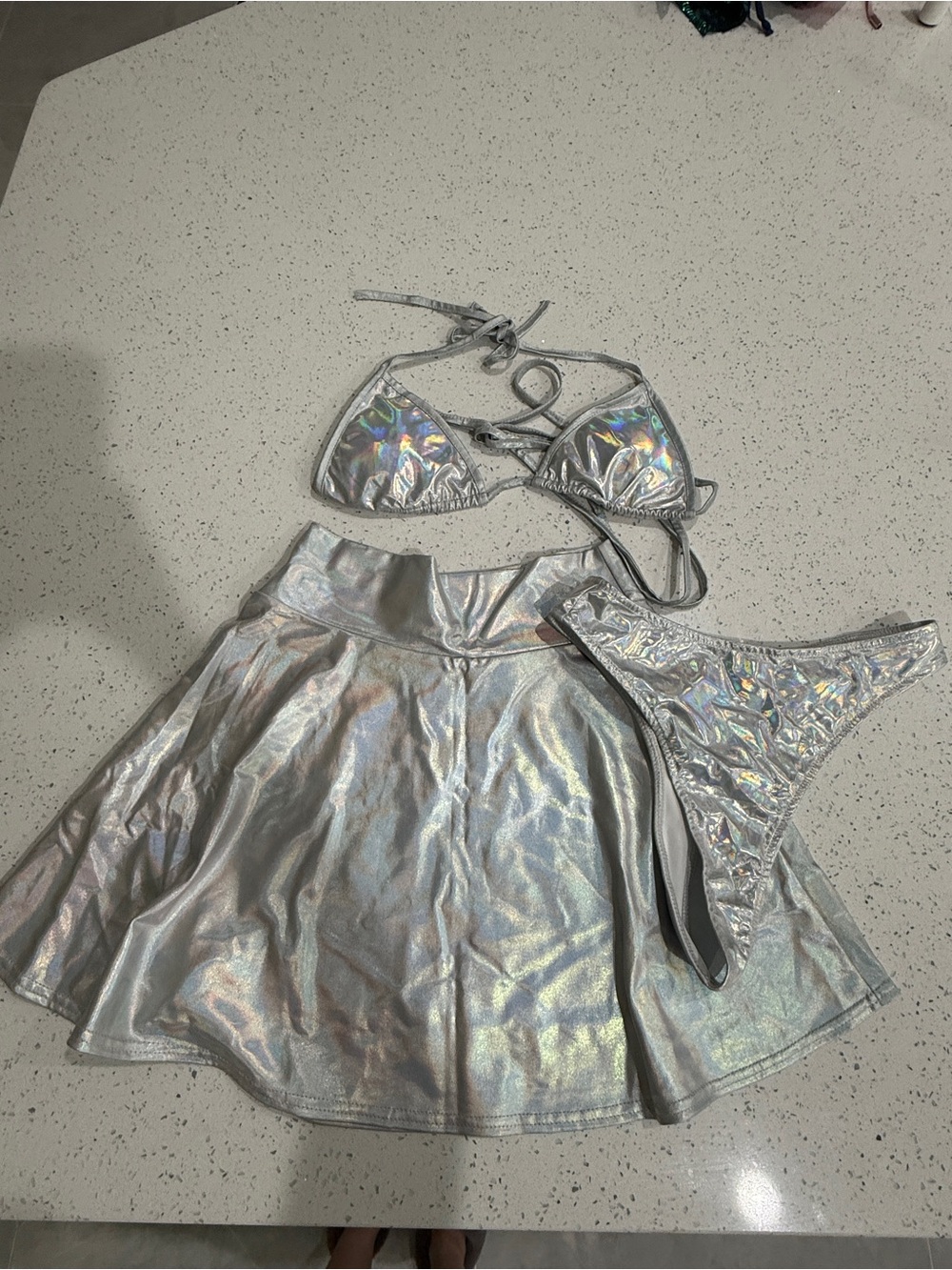 Silver Holographic 3-Piece Bikini Set with Skirt
